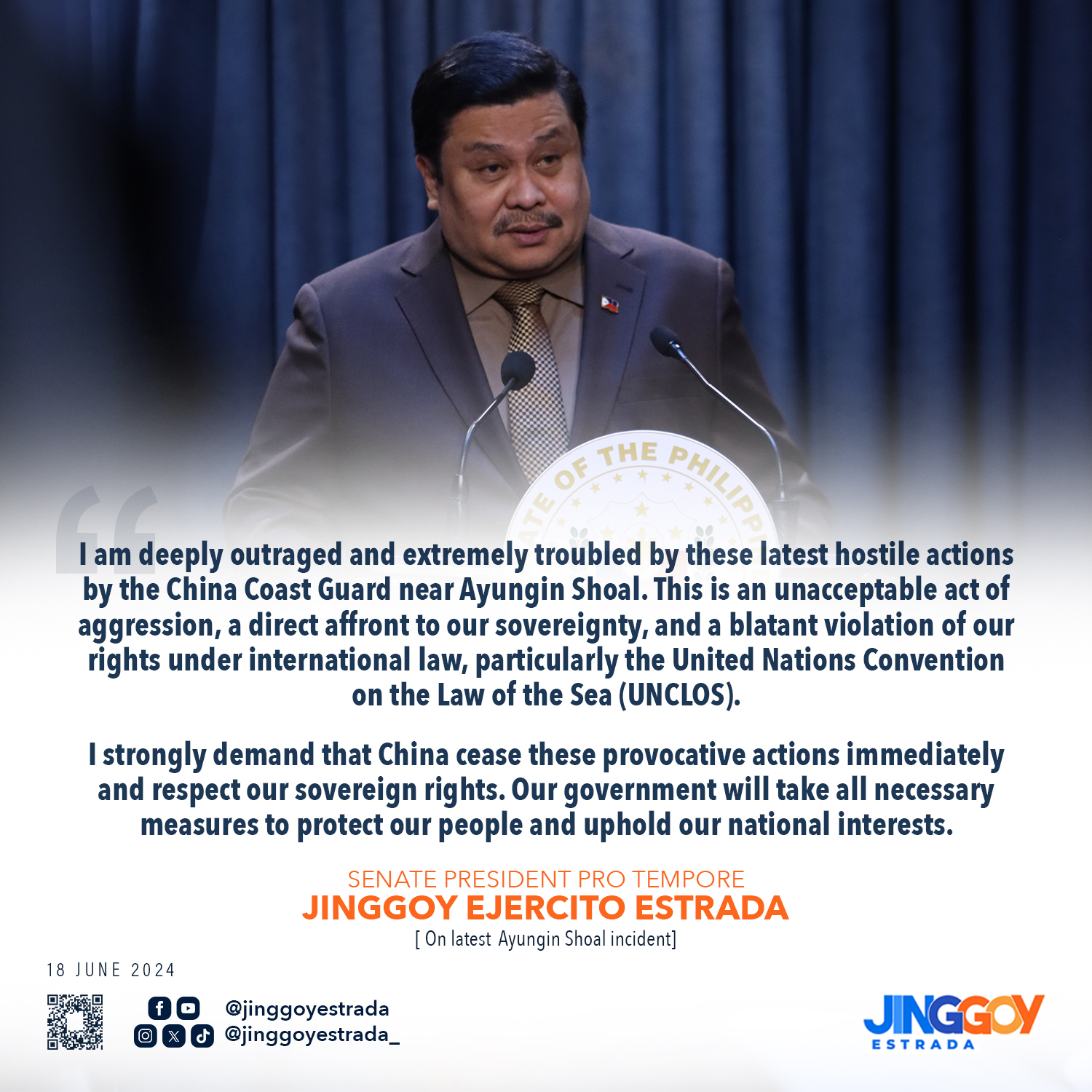 Statement on the latest Ayungin Shoal incident – Jinggoy Ejercito Estrada